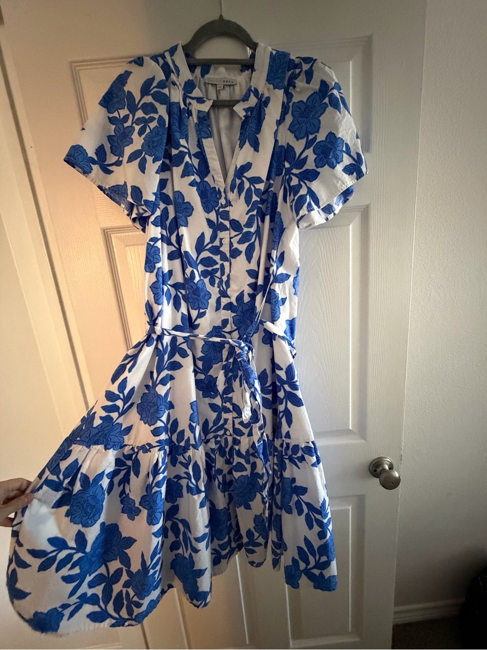 Lydie Baltic Born - Blue Floral Tie-Waist Midi Dress - White & Royal Blue